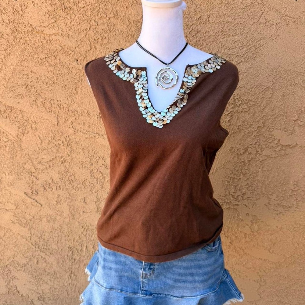 Vintage Brown silk tank top with shell neckline